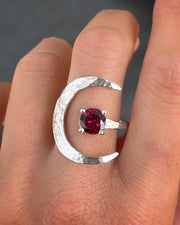 Moon & garnet ring in silver (sizes 8 to 9)