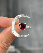 Moon & garnet ring in silver (sizes 8 to 9)