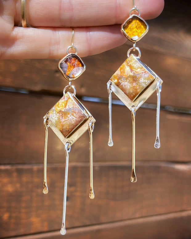 Agate & flower terrarium fringe earrings in 14K gold-fill and silver accents