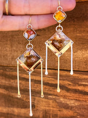 Agate & flower terrarium fringe earrings in 14K gold-fill and silver accents