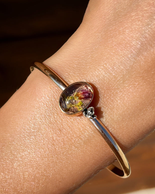 Desert flower quartz crystal terrarium cuff with succulent in 14K gold-fill & silver