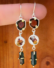 Cascading tourmaline & flower terrarium earrings in silver & brass