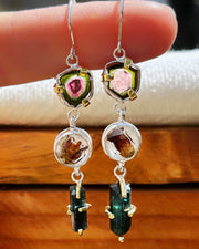 Cascading tourmaline & flower terrarium earrings in silver & brass