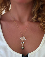 Cascading quartz point, flower terrarium, and pyrite necklace in 14K gold-fill