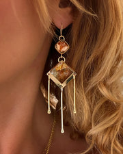 Agate & flower terrarium fringe earrings in 14K gold-fill and silver accents