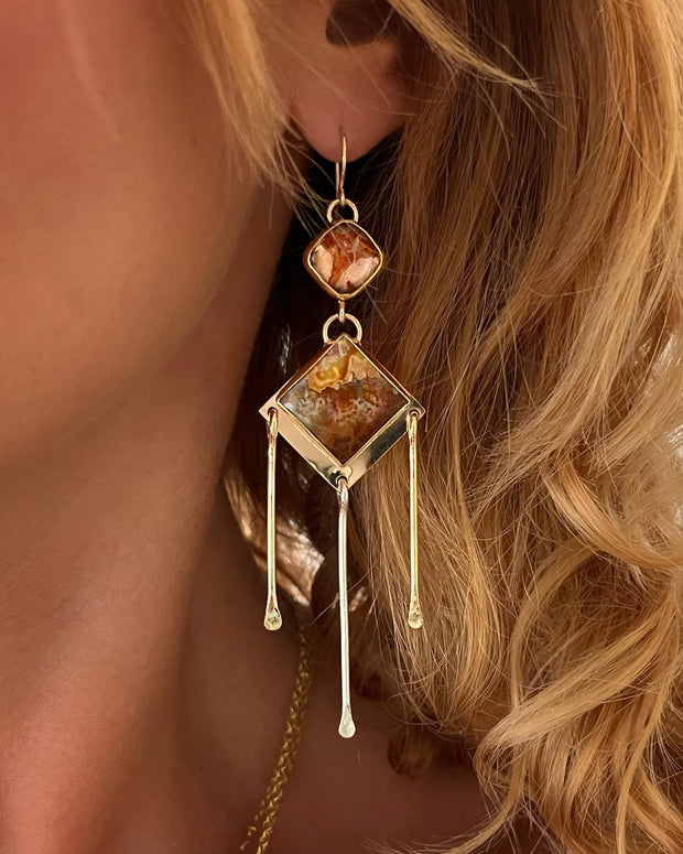 Agate & flower terrarium fringe earrings in 14K gold-fill and silver accents