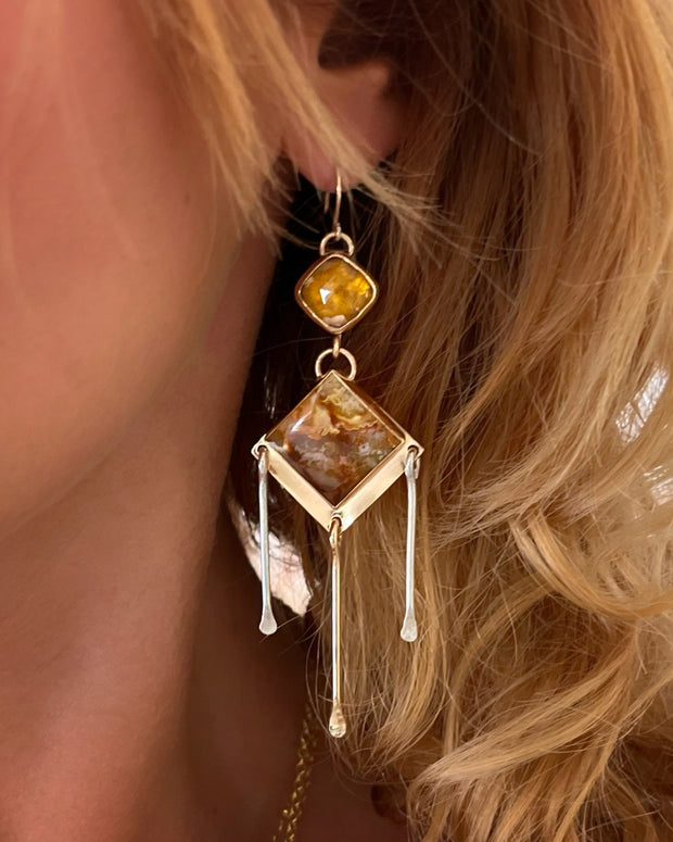 Agate & flower terrarium fringe earrings in 14K gold-fill and silver accents