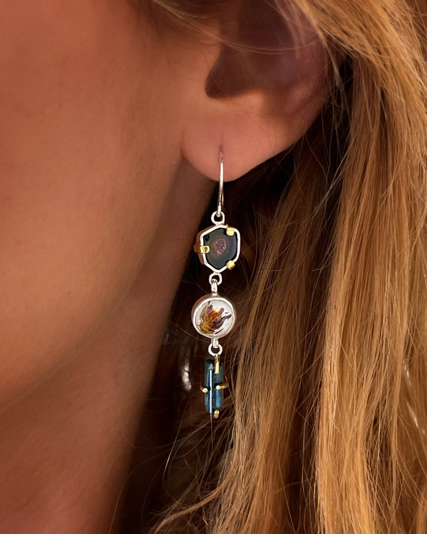 Cascading tourmaline & flower terrarium earrings in silver & brass