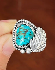 Morenci turquoise leaf ring in silver (sizes 5-1/2 to 7-3/4)