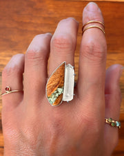 Wood, turquoise & quartz ring in silver (sizes 6-1/2 to 9)