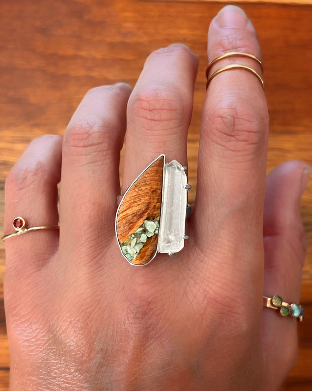 Wood, turquoise & quartz ring in silver (sizes 6-1/2 to 9)