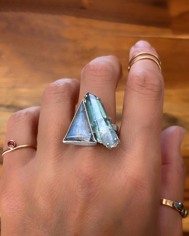 Moonstone & aqua aura quartz ring in silver (sizes 7 to 9-3/4)