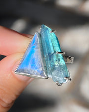 Moonstone & aqua aura quartz ring in silver (sizes 7 to 9-3/4)