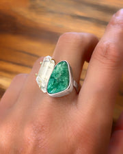 Turquoise & quartz ring in silver & brass (sizes 4-3/4 to 7-1/4)
