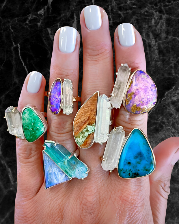 RARE crystal pipe opal & quartz ring (sizes 7 to 10)