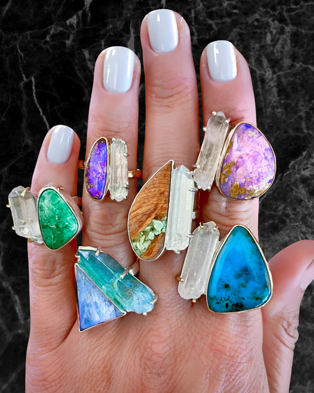 RARE crystal pipe opal & quartz ring (sizes 6 to 9)