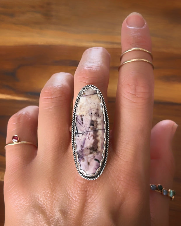 Handmade Tiffany stone ring in stamped silver setting