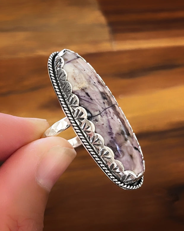 Handmade Tiffany stone ring in silver with stamped setting