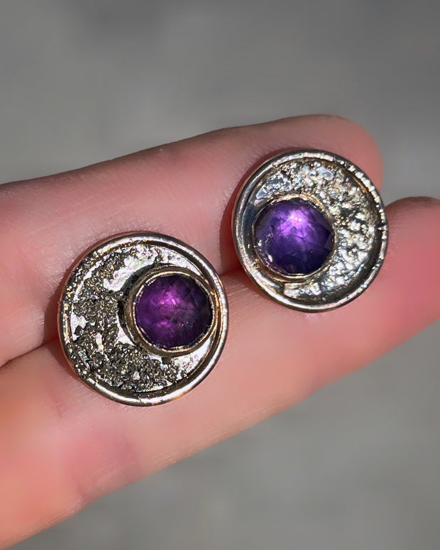 Amethyst moon "coin" stud earrings in 14K gold-fill & silver