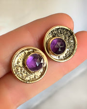 Amethyst moon "coin" stud earrings in 14K gold-fill & silver