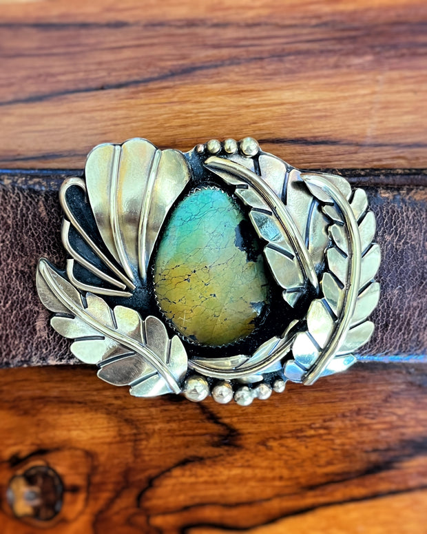 Turquoise belt buckle in brass