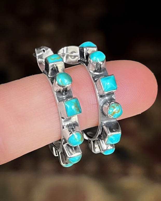 Silver hoop earrings with turquoise