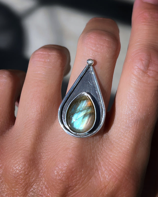 Labradorite teardrop ring in silver