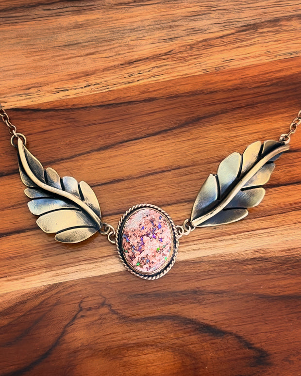 Opal leaf necklace in 14K gold-fill & brass