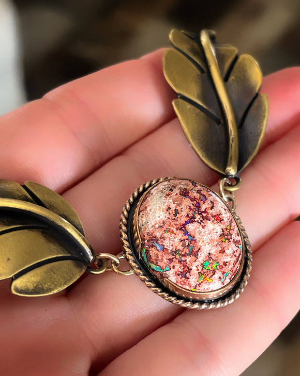 Opal leaf necklace in 14K gold-fill & brass