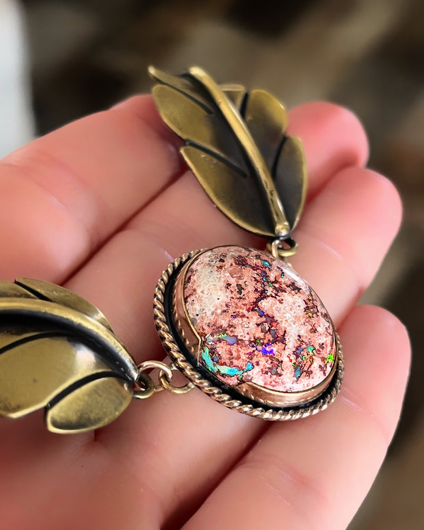 Opal leaf necklace in 14K gold-fill & brass