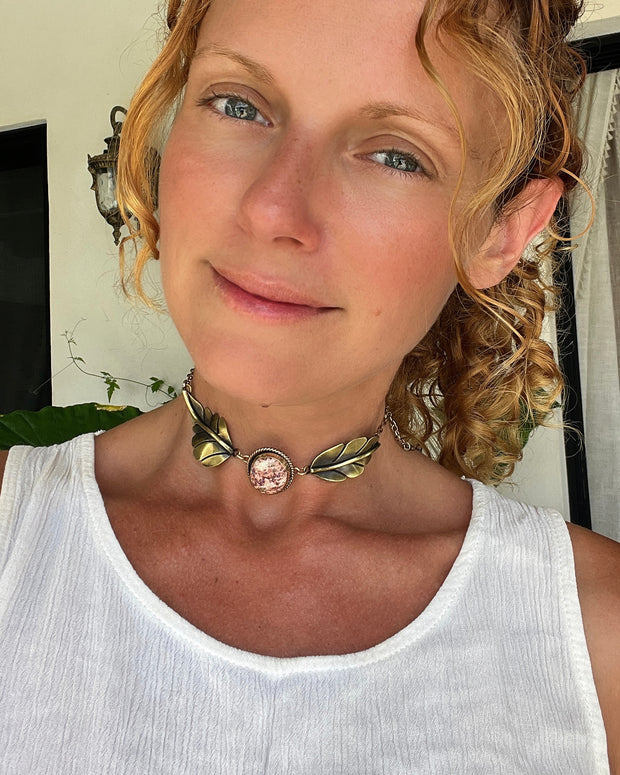 Opal leaf necklace in 14K gold-fill & brass