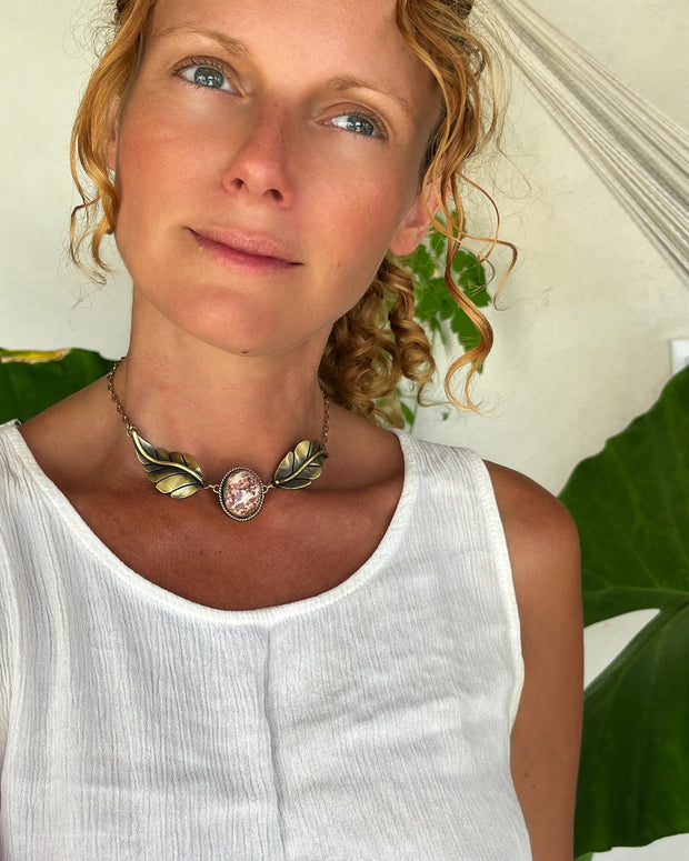 Opal leaf necklace in 14K gold-fill & brass