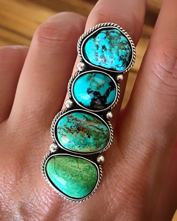 Quadruple turquoise ring or necklace in silver