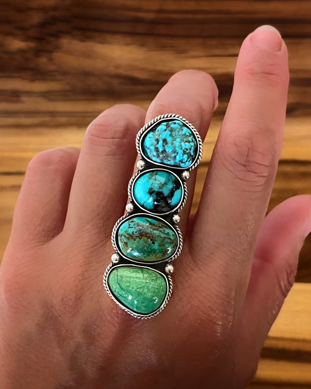 Quadruple turquoise ring or necklace in silver