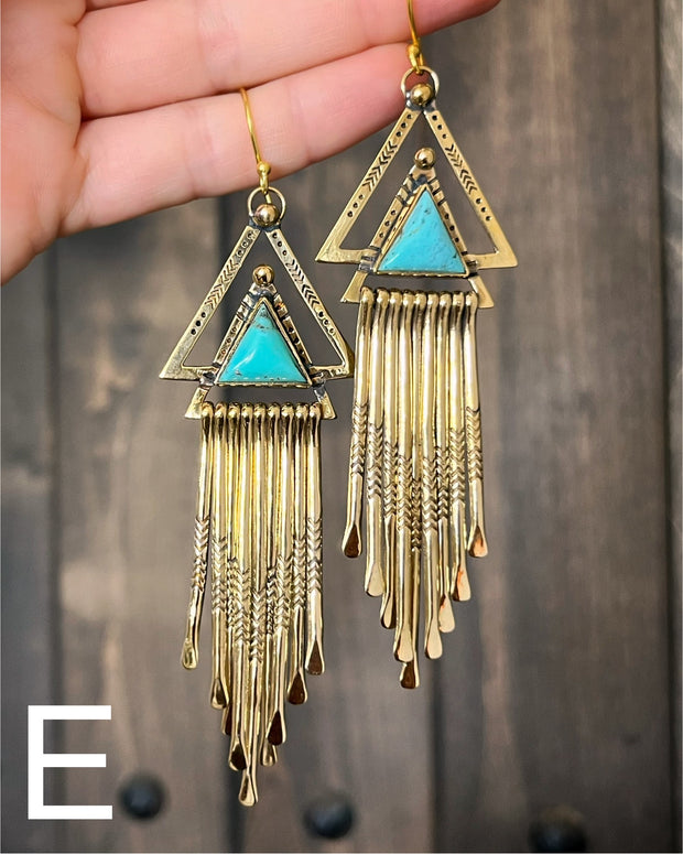 Turquoise triangle fringe earrings in brass with 18K vermeil ear wires