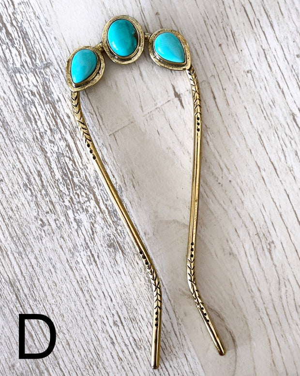 Turquoise hair fork in brass