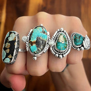 Morenci turquoise leaf ring in silver (sizes 5-1/2 to 7-3/4)