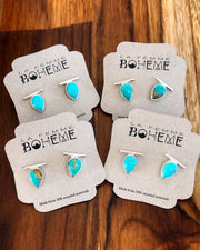 Teardrop turquoise bar studs in silver