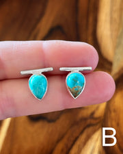 Teardrop turquoise bar studs in silver