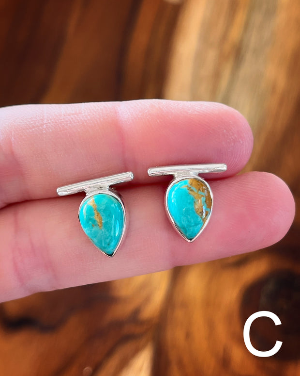 Teardrop turquoise bar studs in silver