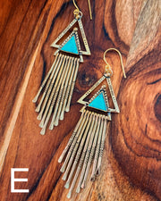 Turquoise triangle fringe earrings in brass with 18K vermeil ear wires