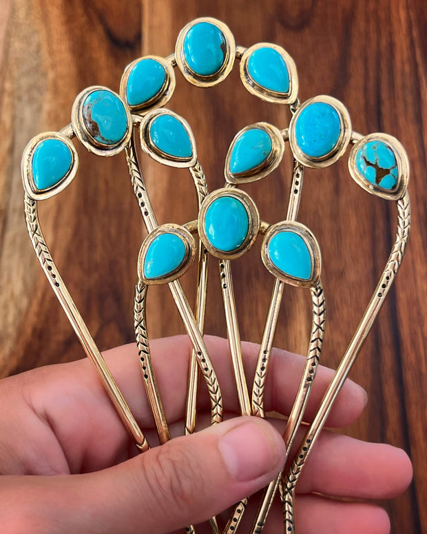Turquoise hair fork in brass
