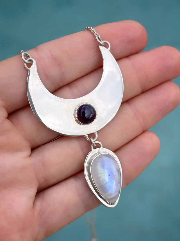 Cascading moon necklace with amethyst & moonstone