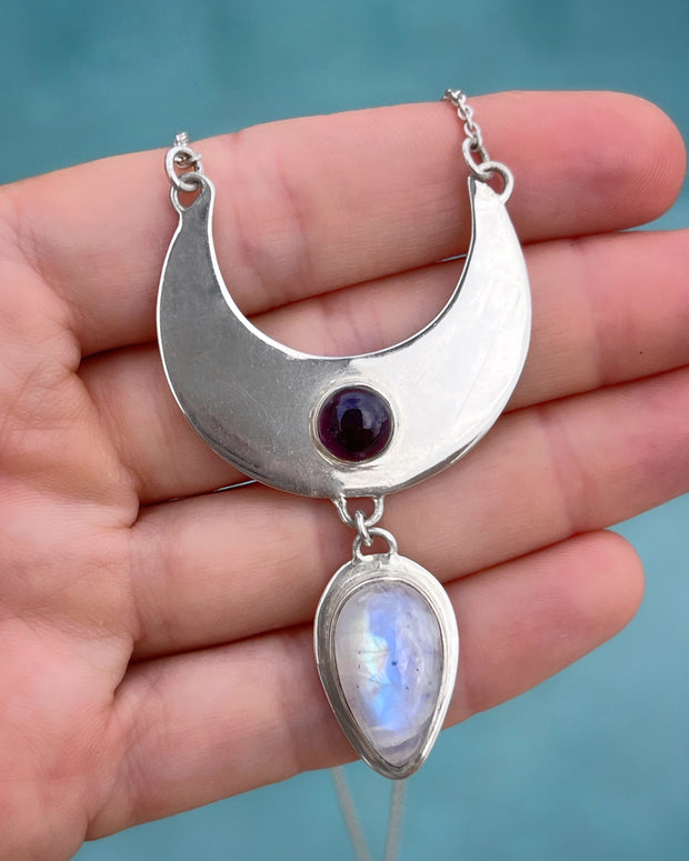 Cascading moon necklace with amethyst & moonstone