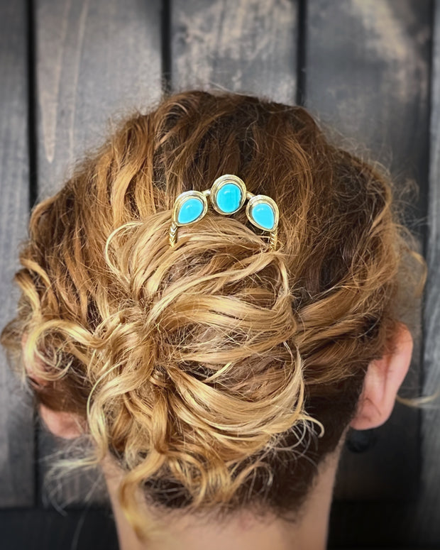Turquoise hair fork in brass
