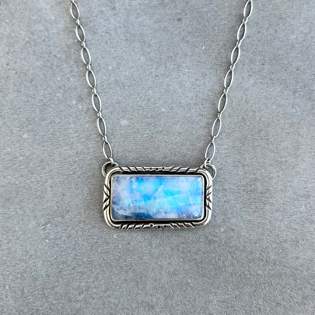 Stamped moonstone bar necklace in silver