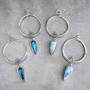 Hand-stamped silver hoops with moonstone dangles