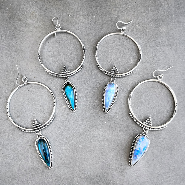 Hand-stamped silver hoops with moonstone dangles