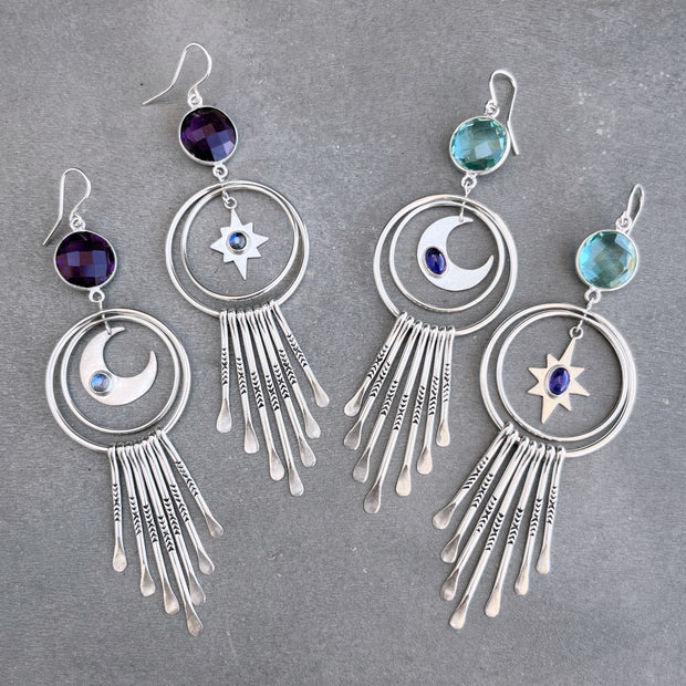 Celestial fringe hoops with aqua & iolite in silver