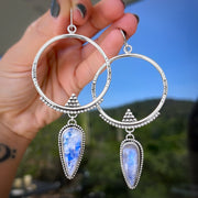 Hand-stamped silver hoops with moonstone dangles
